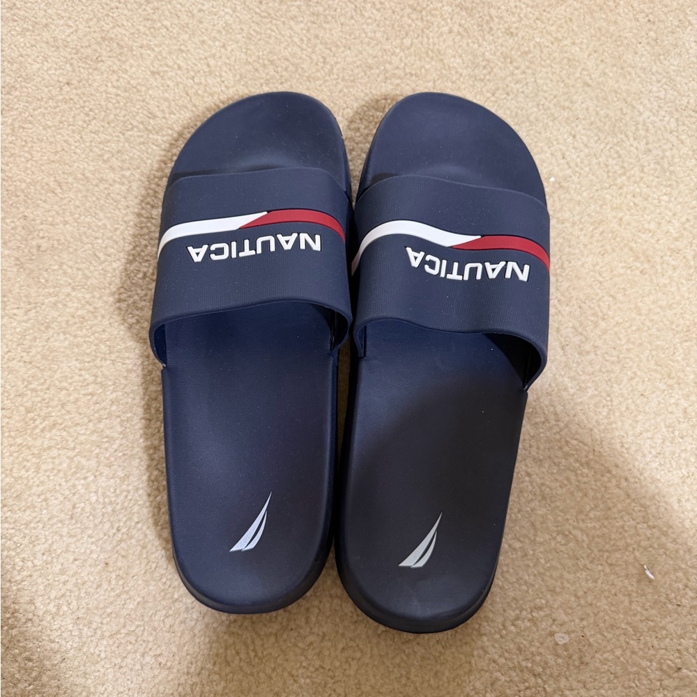 Nautica Men’s Navy Slide Sandals with Red & White Stripe